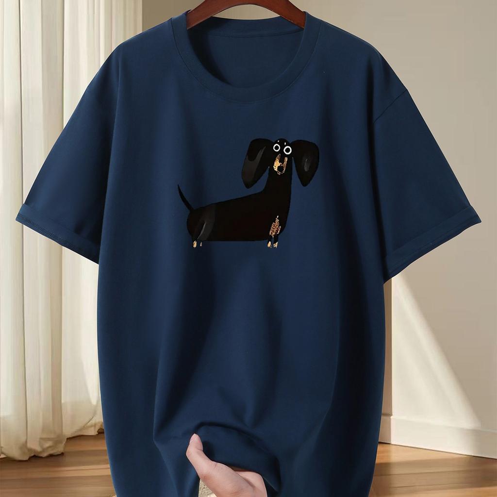 Men's Casual Short Sleeve T-Shirt Fit Round Neck Summer Tee with Playful Dachshund Graphic Print