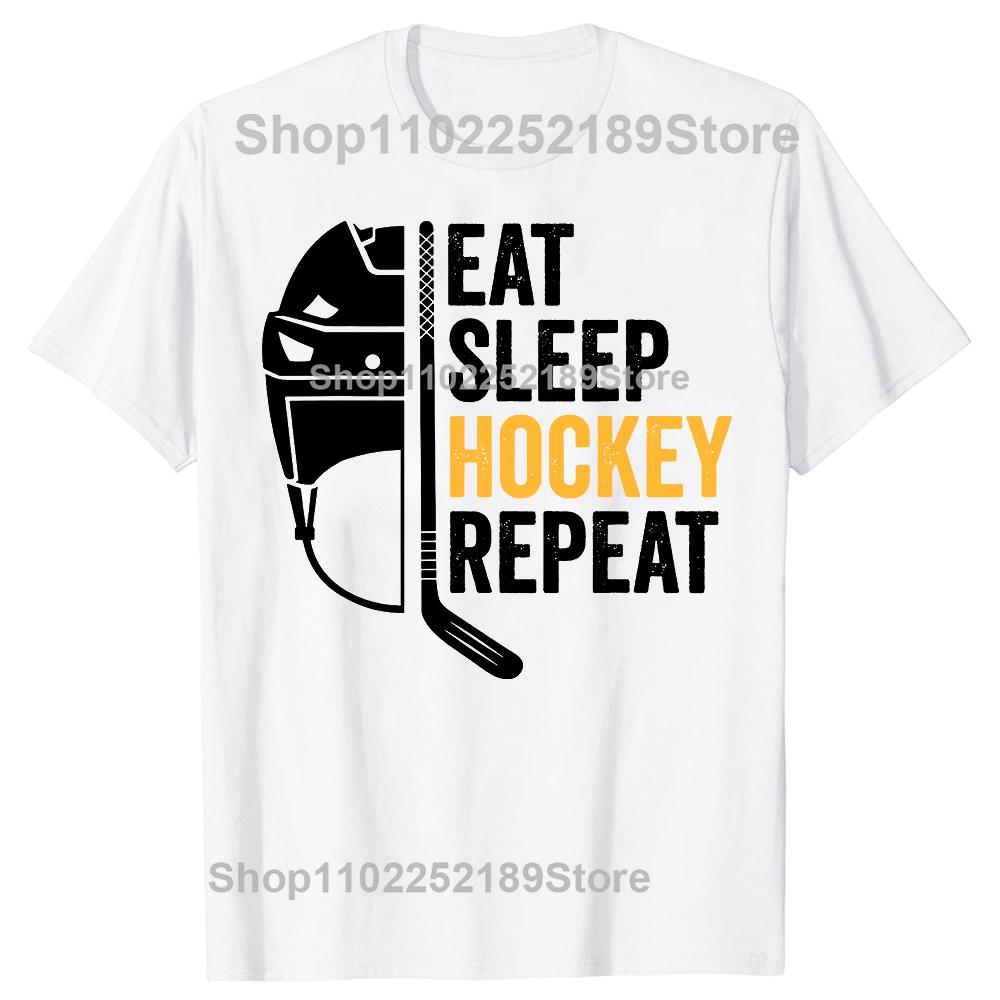 Funny Eat Sleep Hockey Repeat Graphic T-shirts Men Women's Fashion Casual Tshirt 100% Cotton Loose Ice Hockey Retro T Shirt