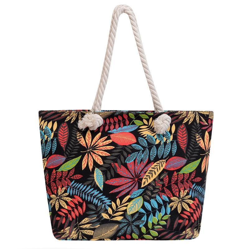 

New stylish simple large-capacity hemp rope canvas bag printed travel portable tote bag