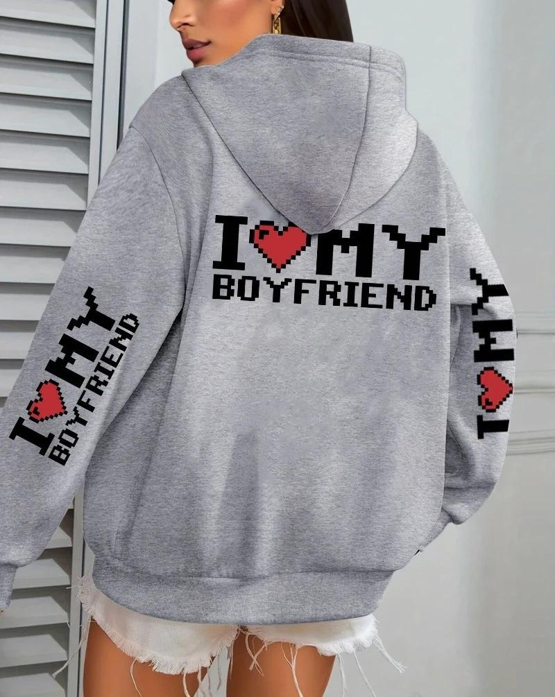 I Love My Boyfriend Printed, Women'S Hoodie Fall Loose Casual Pocket Fleece Pullover