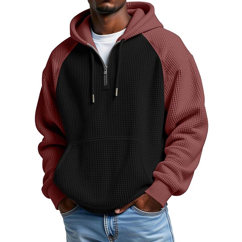 Fashion Patchwork Mens Hoodies Vintage Contrast Color Waffle Textured Hooded Sweatshirts Spring Fall Casual Men Loose Hoodie