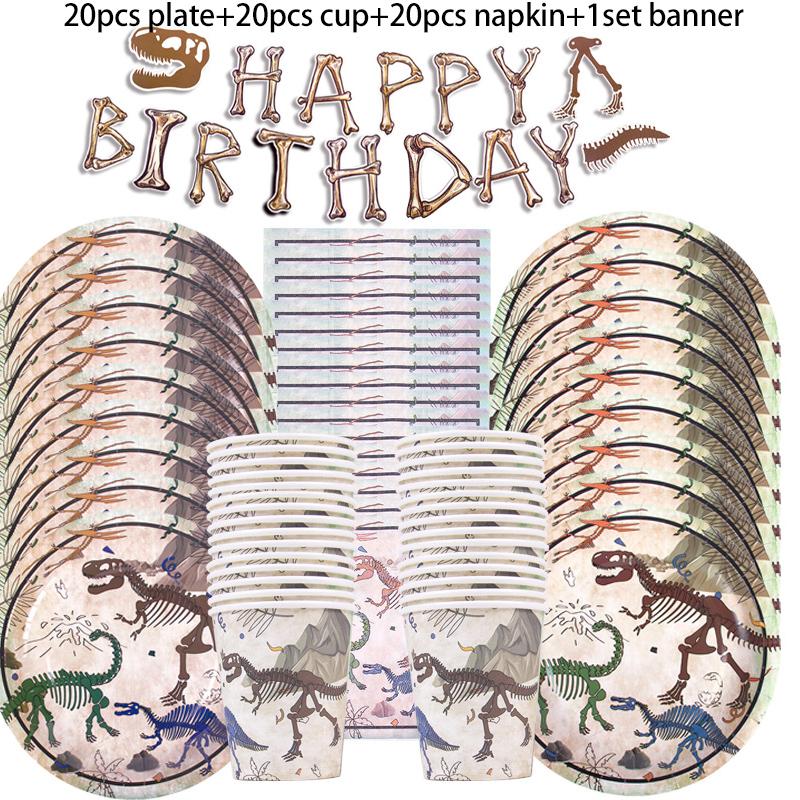 Vaisselle Jetable Thème Fossile Dinosaure Ballons en Aluminium Dino Guirlande Bannière Joyeux Anniversaire Garçon Fournitures Fête Anniversaire Dinosaure