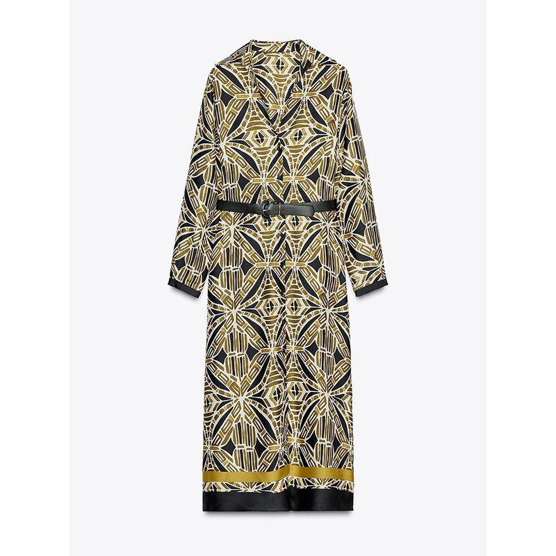 Za2025 Spring New Women's Clothing Elegant with Belt Printed V-neck Long Sleeves Midi Skirt Dress 3897055