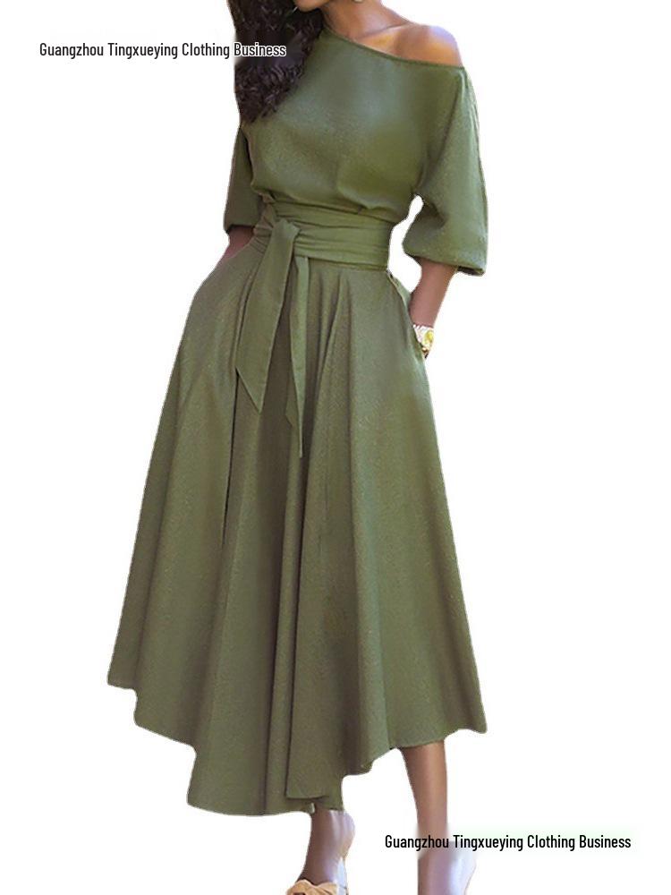 Spring Women's Elegant One-Shoulder Dress with Cinched Waist
