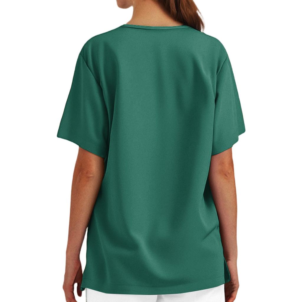 Women's Uniform Color V-Neck Pocket Side Slit Uniform Short Sleeved Top Top