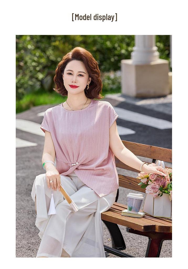 Mom's Summer Short-Sleeve Blouse: Elegant 2026 Two-Piece Set for Middle-Aged & Elderly.