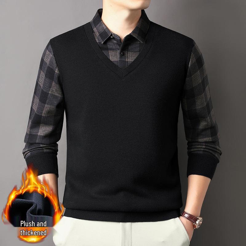 

Men s Winter Plus Velvet Faux Two-Piece Shirt with Long Sleeves and Collar - Warm Base Layer for Middle-Aged Casual Wear XL