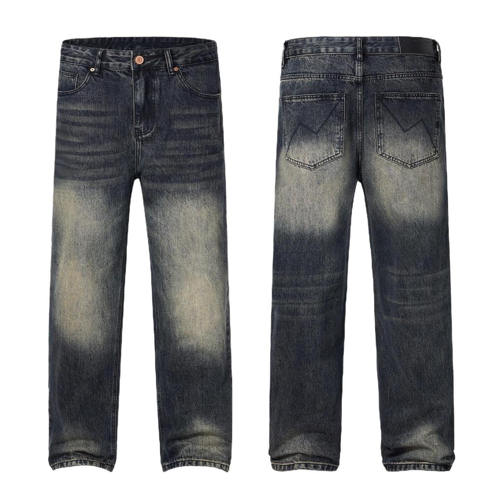 American Retro Blue and Black Washing Jeans Men's High Street Loose Straight Wide-leg Trousers