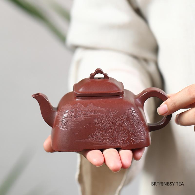 230ml Yixing Purple Clay Teapot Hand-carved landscape Beauty Tea Pot Household Handmade Square Kettle Chinese Zisha Tea Set