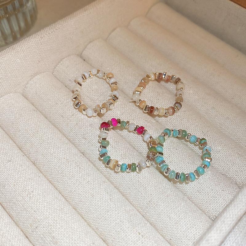 Fashion Vintage Colorful Natural Beaded Ring for Women Fashion Party Finger Elastic Ring Simple Design Jewelry Party Gift