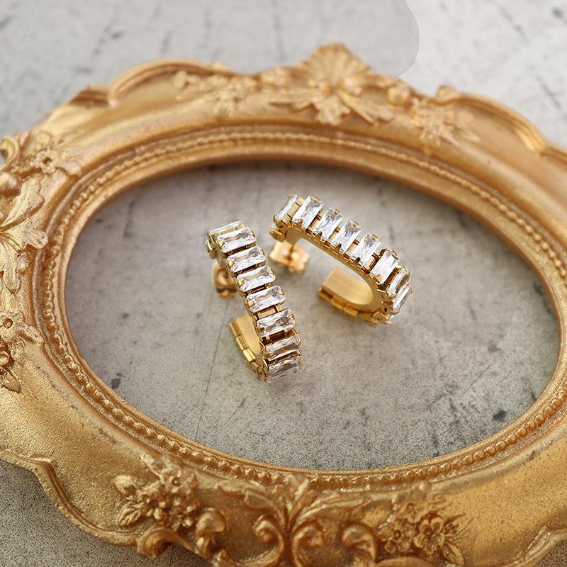 Fashion Hypoallergenic Jewelry 18K Gold Plated Stainless Steel Iced Out Cubic Zirconia Tennis Stud Earrings YF2616