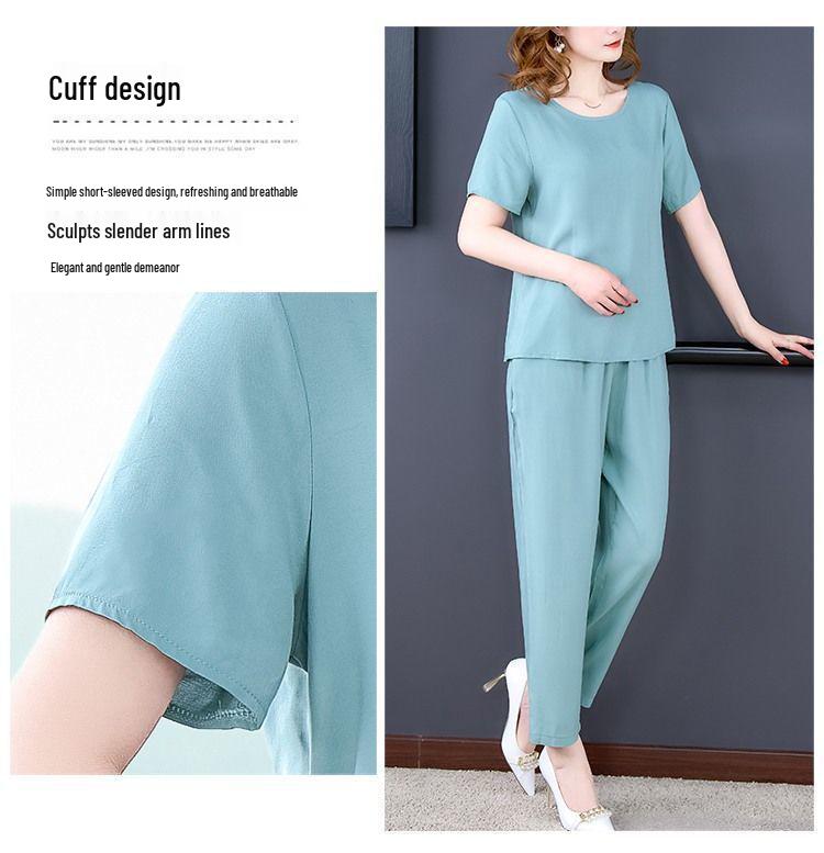 Summer Cotton Silk Women's Loose Two-Piece Set: Solid Color Short Sleeve Top and Long Pants, Plus Size Casual Wear.