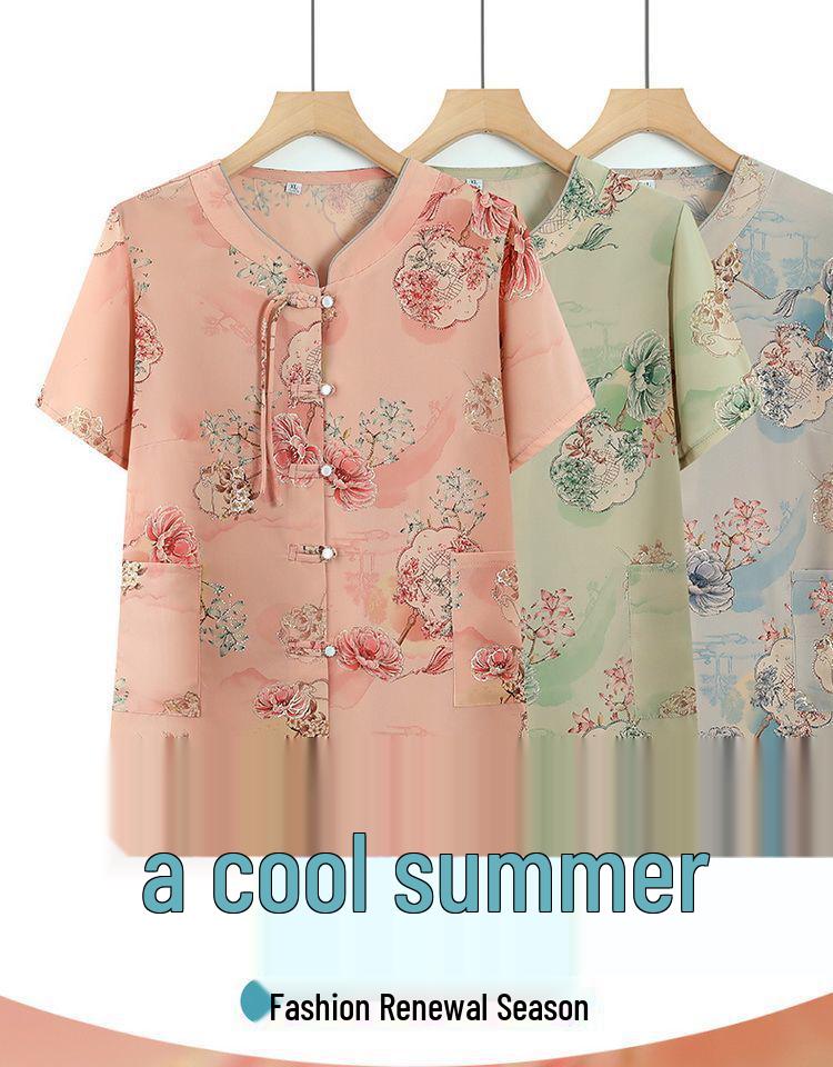Mother's Day Chinese Style Summer Blouse - Short-Sleeved, Middle-Aged Women's Fashion Top
