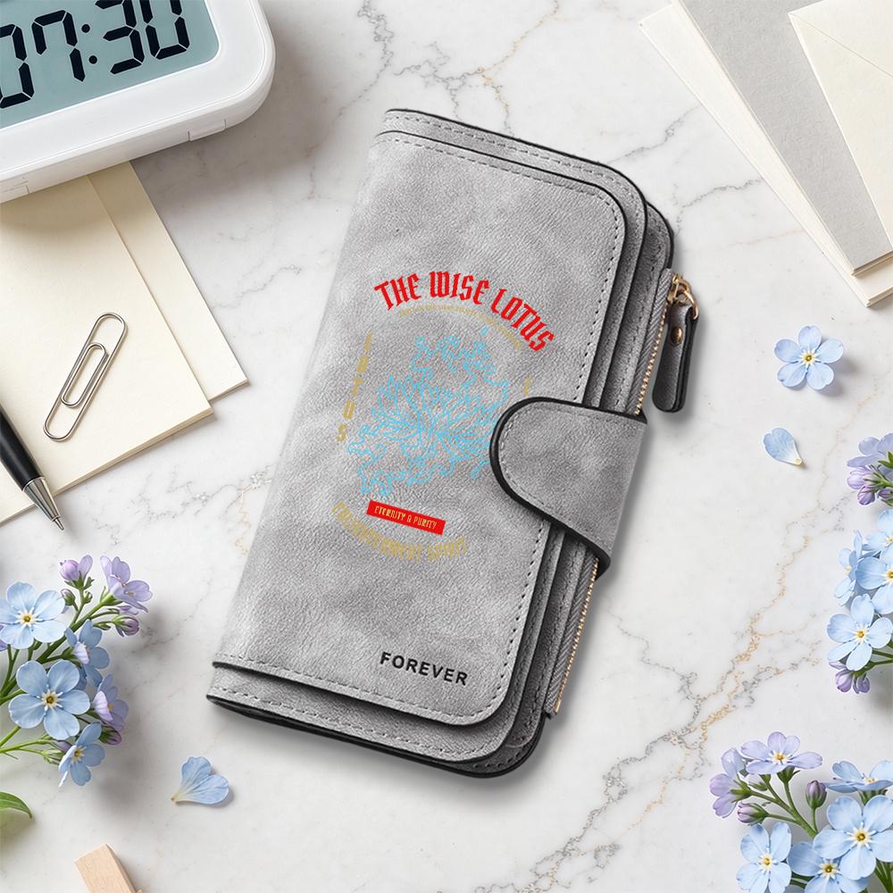 Vintage Long Wallet Lotus Pattern Multi Card Slot Coin Purse Daily Use Fashion PU Leather Wallet