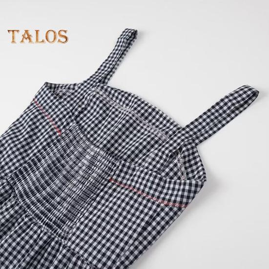 Sommerkleid für Damen, Hummer-Stickerei, ärmellos, kariert, quadratischer Ausschnitt, A-Linie, lockerer Saum, Patchwork, atmungsaktiv, weich, Urlaub, Strand, Midikleid