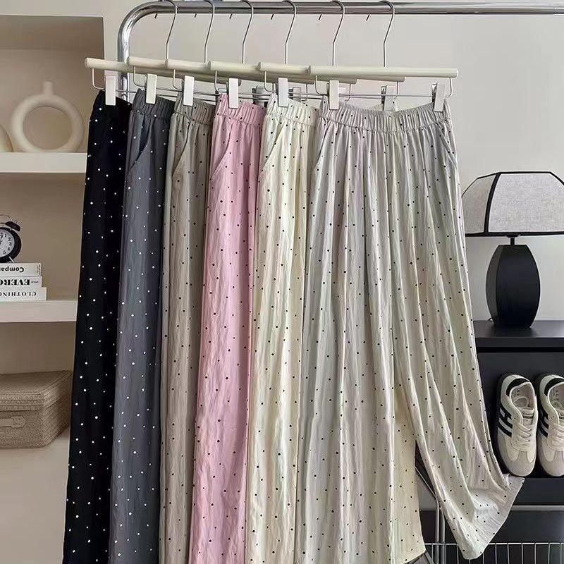 Summer Polka Dot Ice Silk Wide-Leg Pants: Wrinkle-Resistant, Loose, Tummy-Slimming, Casual Fit
