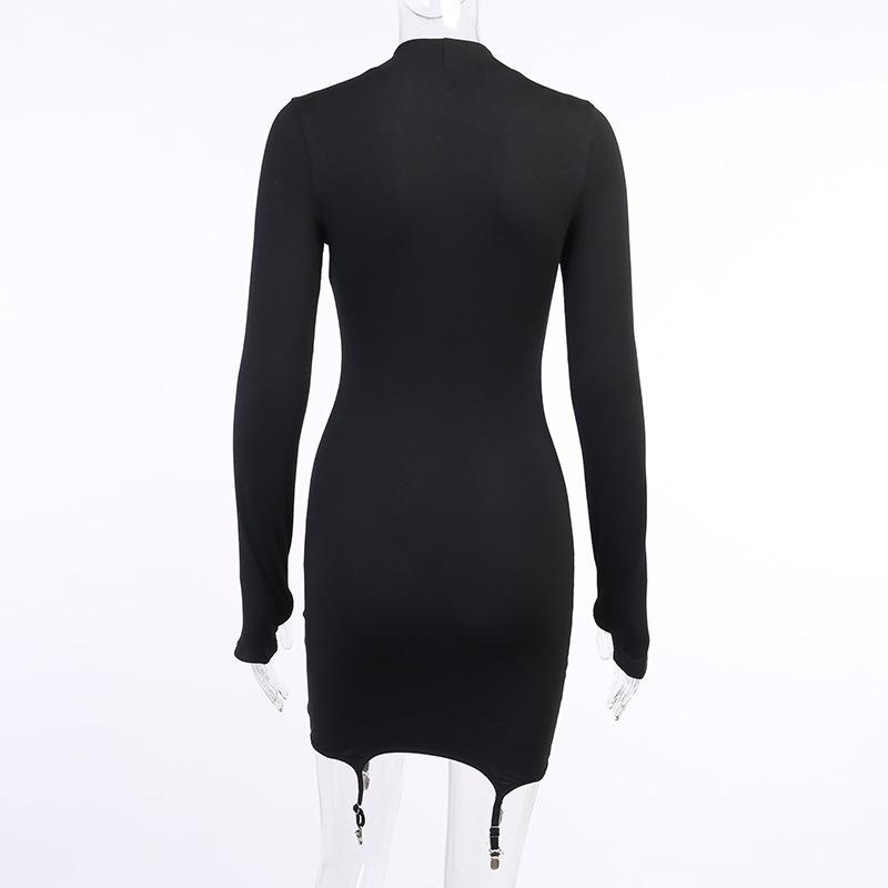 Elbise + Çorap 2PC Setleri Gotik Koyu Y2k Uzun Kollu Düz Renk Taban Elbise Seksi Uzun Kollu Toka Elbise