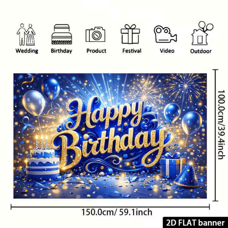 

2D Boys Blue Gold Birthday Background with Cake & Balloons for Party 47.2x31.5inch/120*80cm