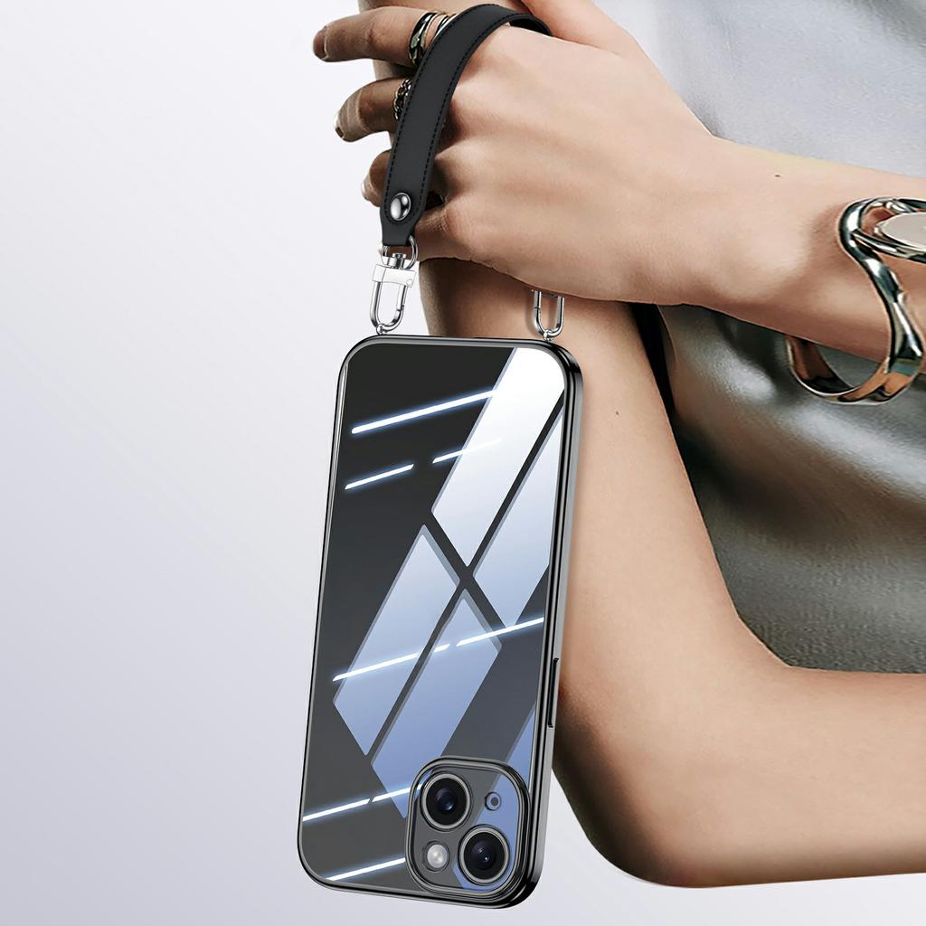 SULADA For iPhone 14 Case Electroplating Ultra Clear Soft TPU Phone Cover with PU Wrist Strap