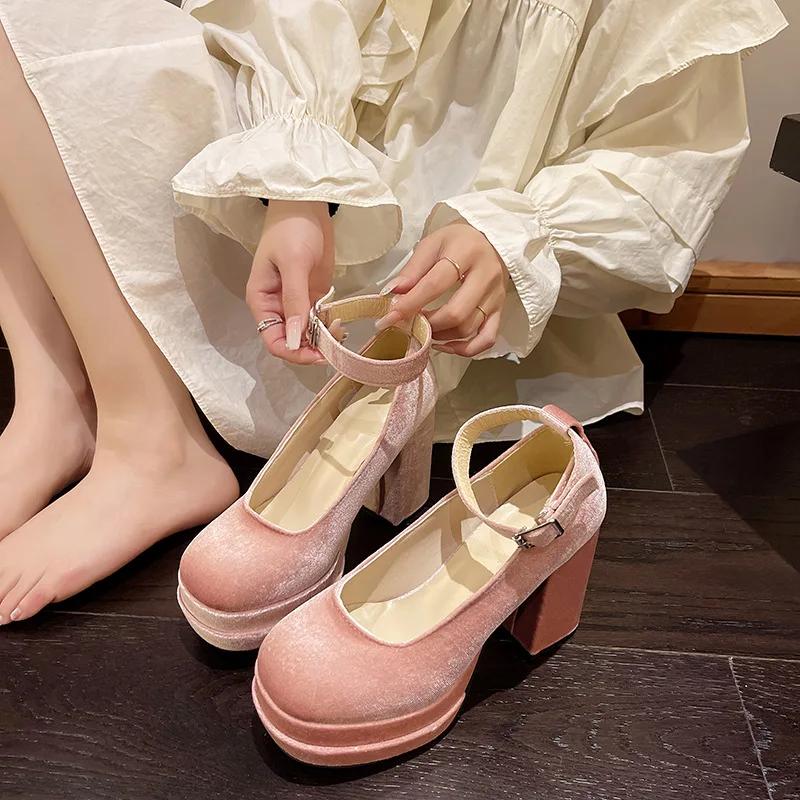 Hot Selling Mary Janes Shoes Women Suede Luxury High Heel Lace Up Trend Lolita Shoes Elegant Chunky Party Pumps Zapatos De Mujer