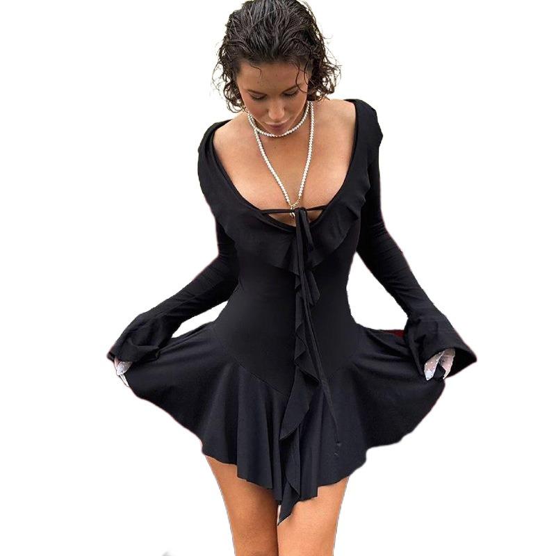 Podzimní a zimní dámské sexy šaty s hlubokým výstřihem do V na zavazování, úzká sukně, jednobarevné, s dřevěným okrajem, s dlouhým rukávem