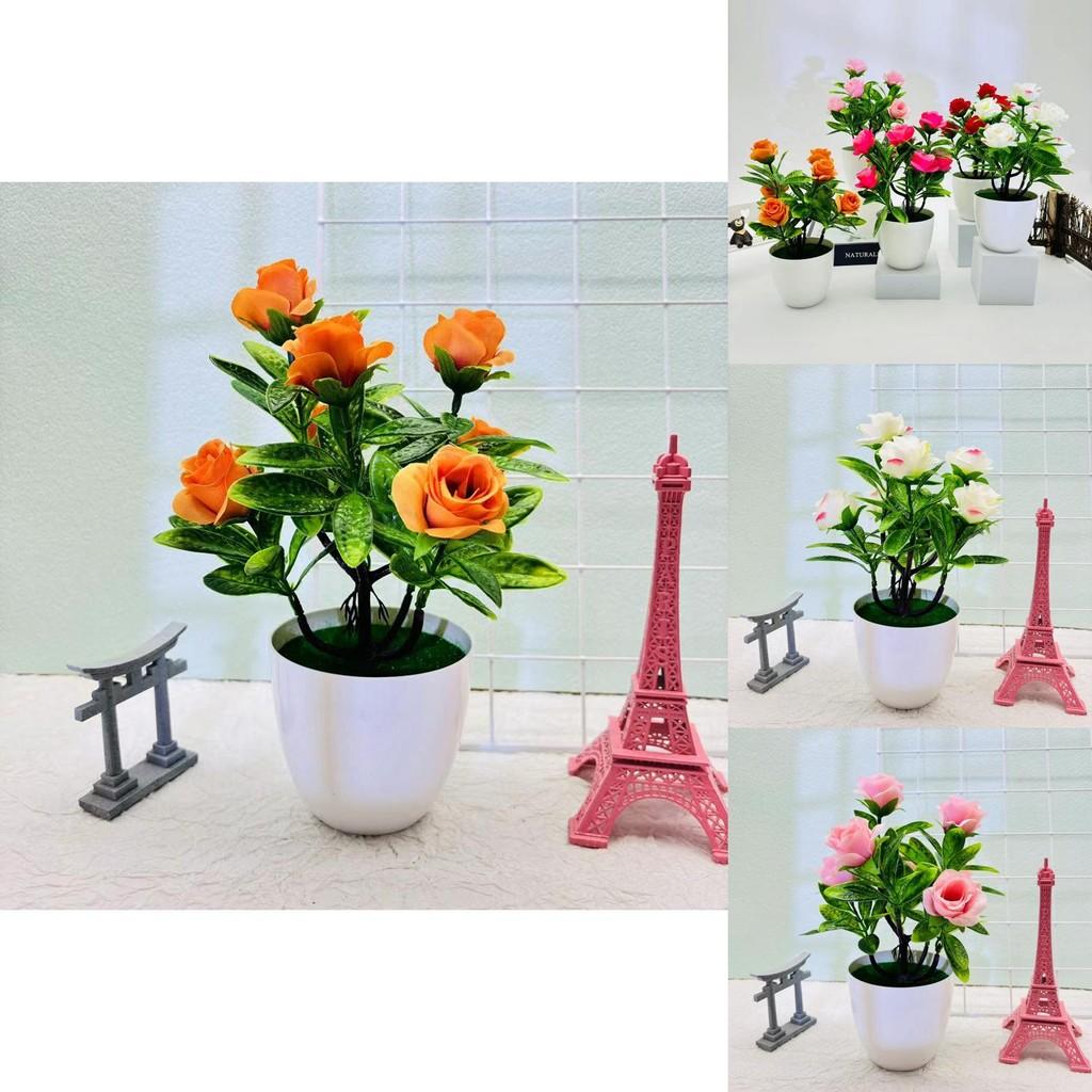 Artificial Seven Rose Desktop Plant With Miniature Greenery For Wedding Decor