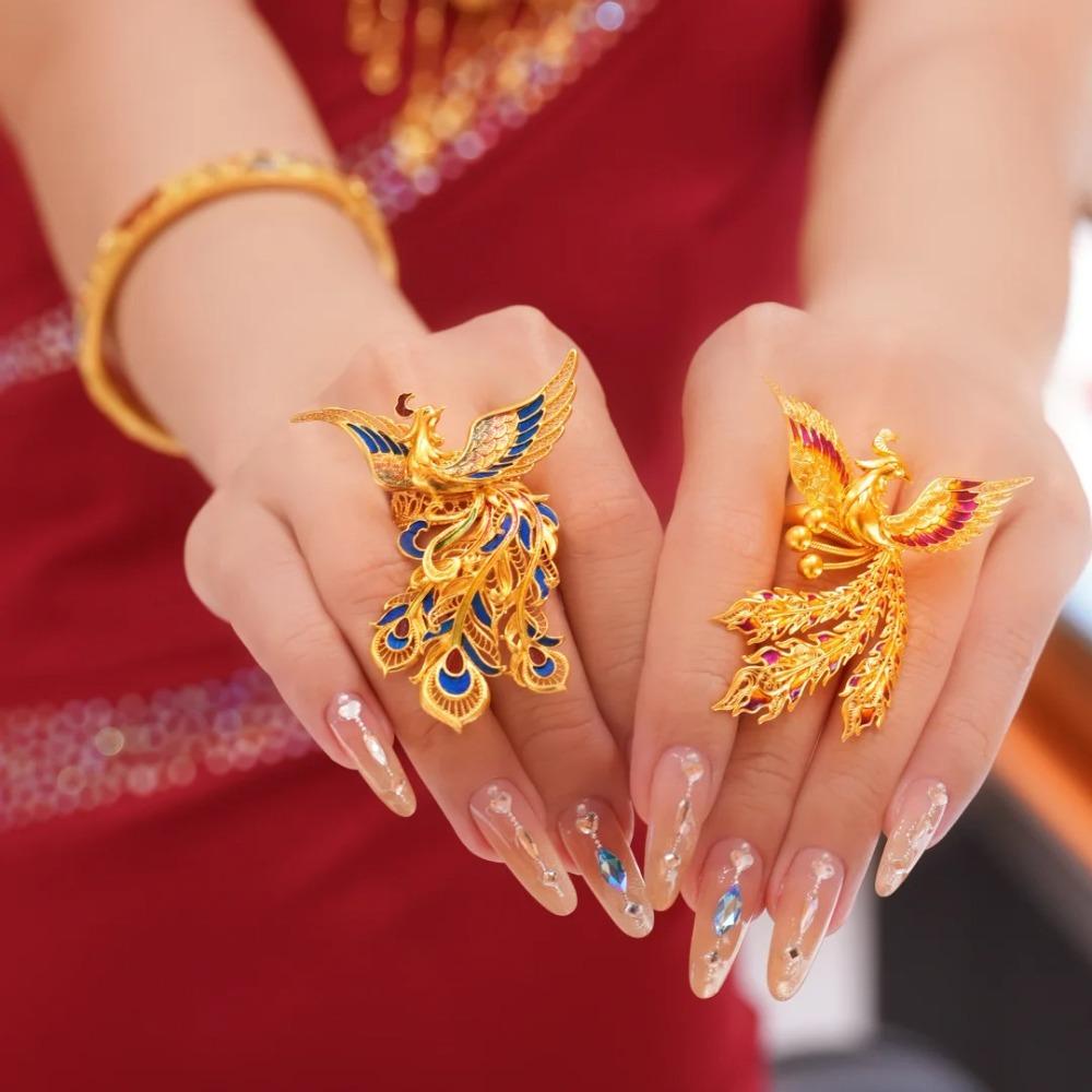 Gradient Enamel Phoenix Ring Vintage Gold Feng Wu Jiu Tian Jewelry for Women Chinese Palace Style Feather Design