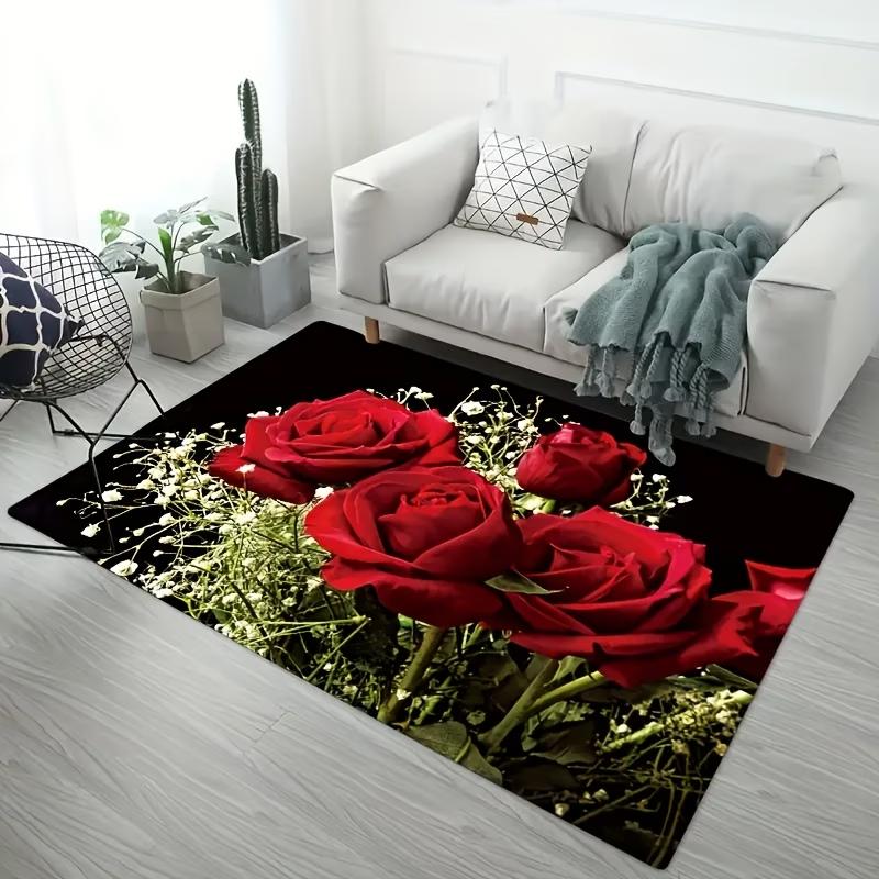 Romantischer 2D Rote Rose Schleierkraut Teppich für Schlafzimmer Wohnzimmer Küche Rutschfest Waschbar Fußmatte Heimdeko Teppich