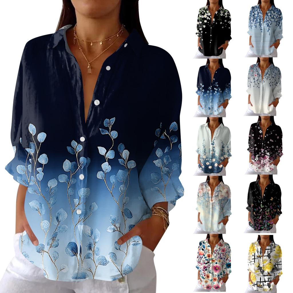 Women's Fashion 3/4 Sleeve Casual Lapel Back Tie- Floral Print T-Shirt Top