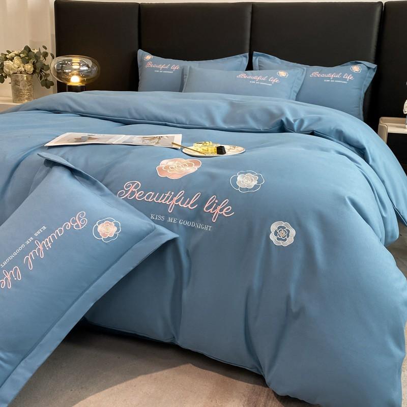 Luxury Soft Cotton Bedding Set With Embroidered Floral Design Brushed Finish Ruffled Hem Breathable Skin-Friendly All