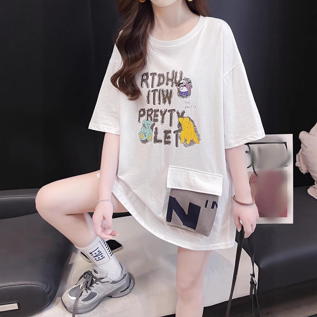 New Summer Women's T-shirt Short-sleeve Cotton Mid-Length Pocket Loose Slim Shirt Split Round Neck Cartoon Letter Printed Tops
