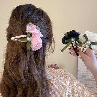 Frühlings-Perlen-Schleifen-Netzblumen-Haarspange für Damen, frisch und süß, vielseitiger BB-Clip, atmosphärischer Seitenclip, Haarschmuck