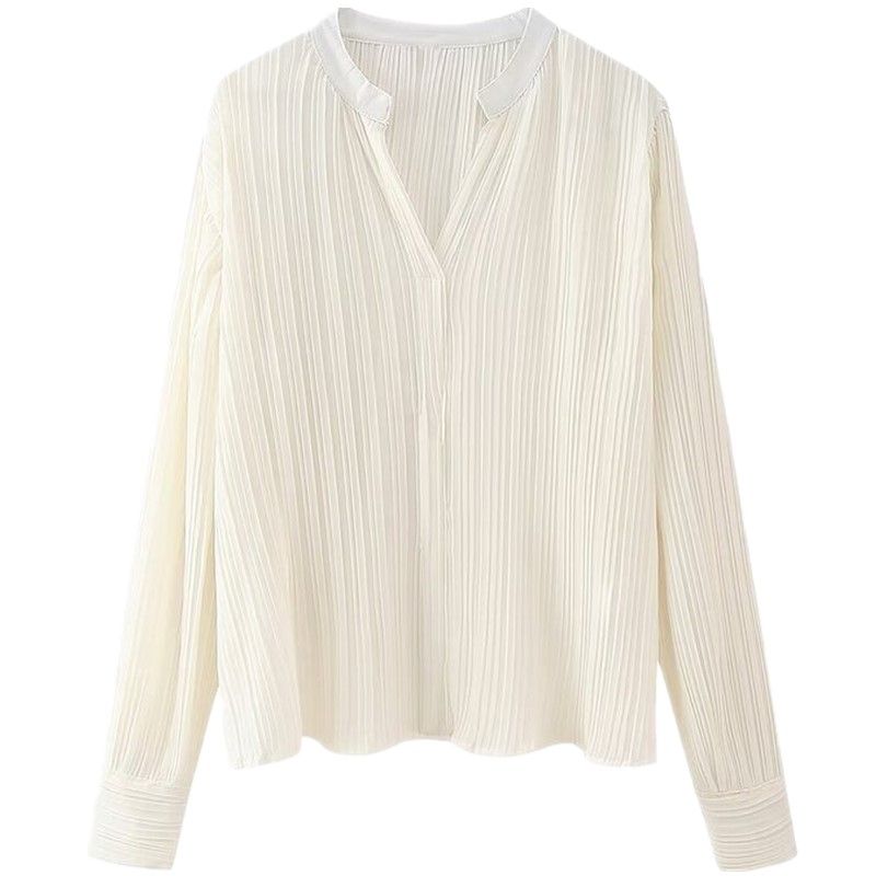 

Fashion Style 2024 Spring New Arrival Women s Clothing Temperament Wild Slimming Versatile Long Sleeves Fashion V Neck Pleated Shirt White L