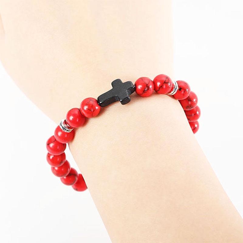 Natural Tiger Eye Quartz Turquoise Volcanic Stone Elastic Beaded Bracelets for Men Women Personality Cross Bracelet Jewelry Gift