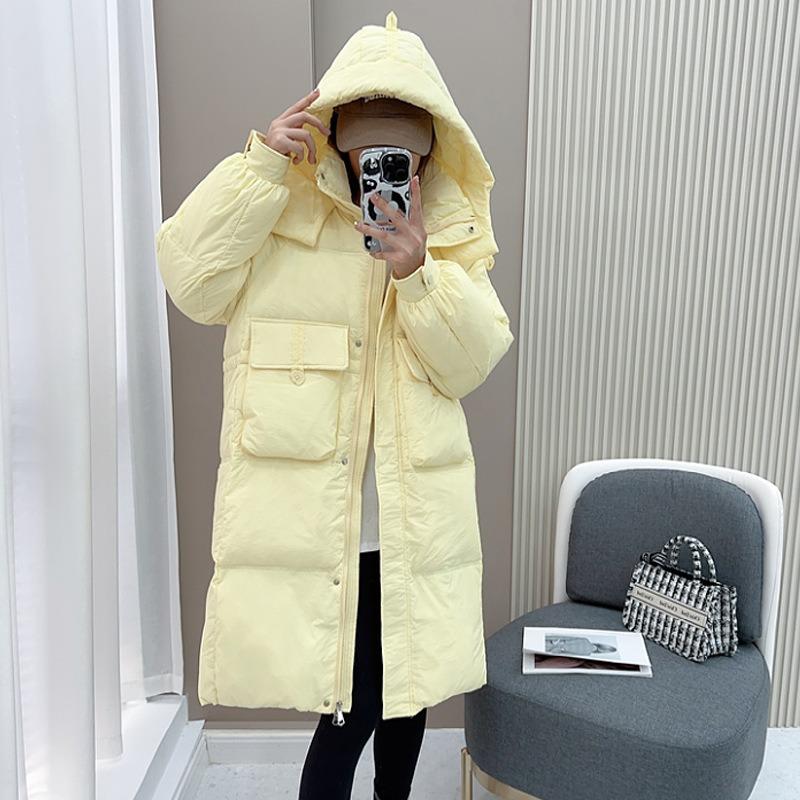 Down jacket women's medium and long knee winter new waist fashion loose thickened hooded white duck down