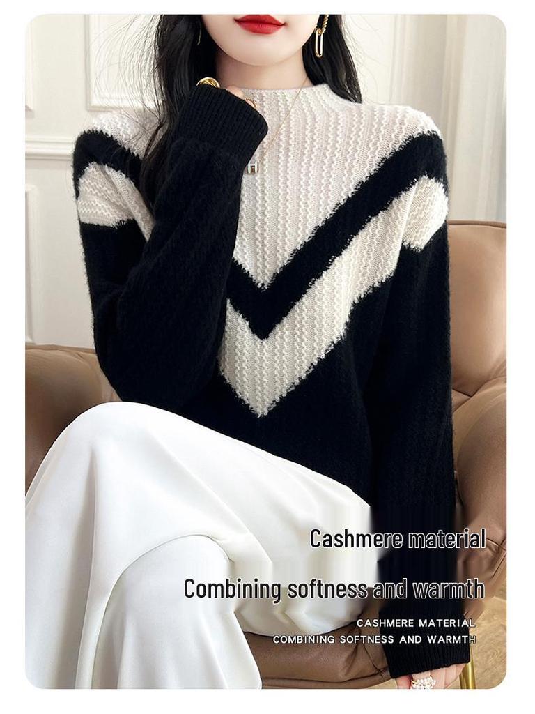 Colorblock Cashmere Turtleneck Sweater - Women's Slimming Autumn/Winter Knitted Pullover