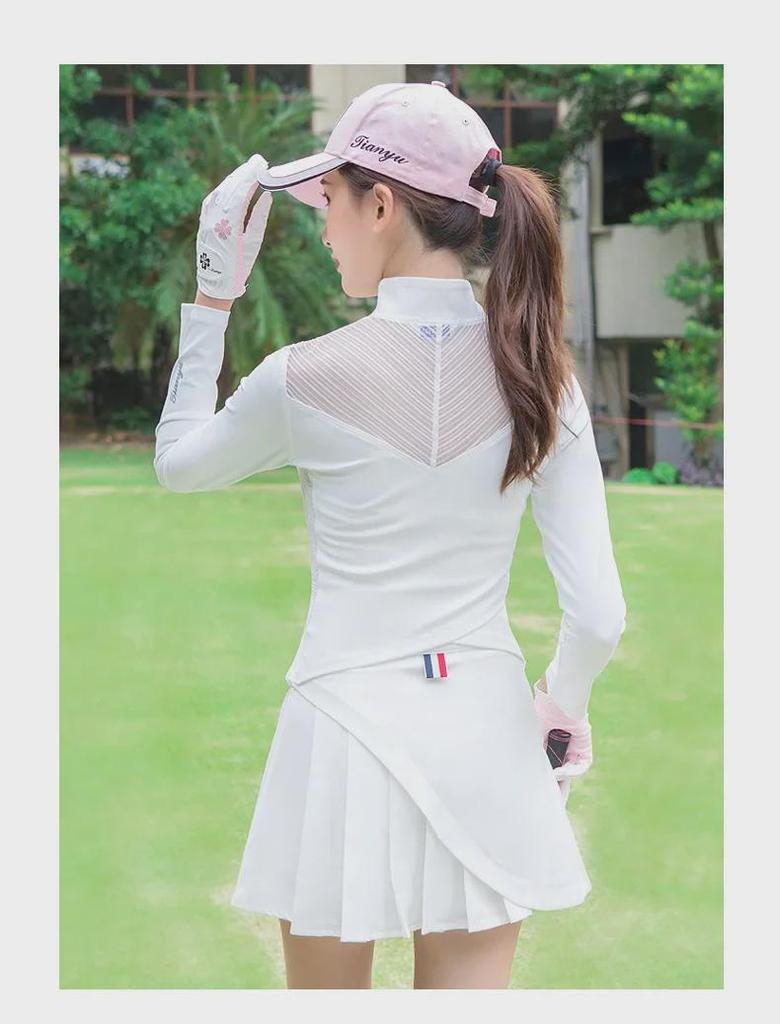 Women's Golf Outfit: Spring & Autumn Long-Sleeve T-Shirt with Short Lace Skirt, Korean Style, Slim Fit Sportswear