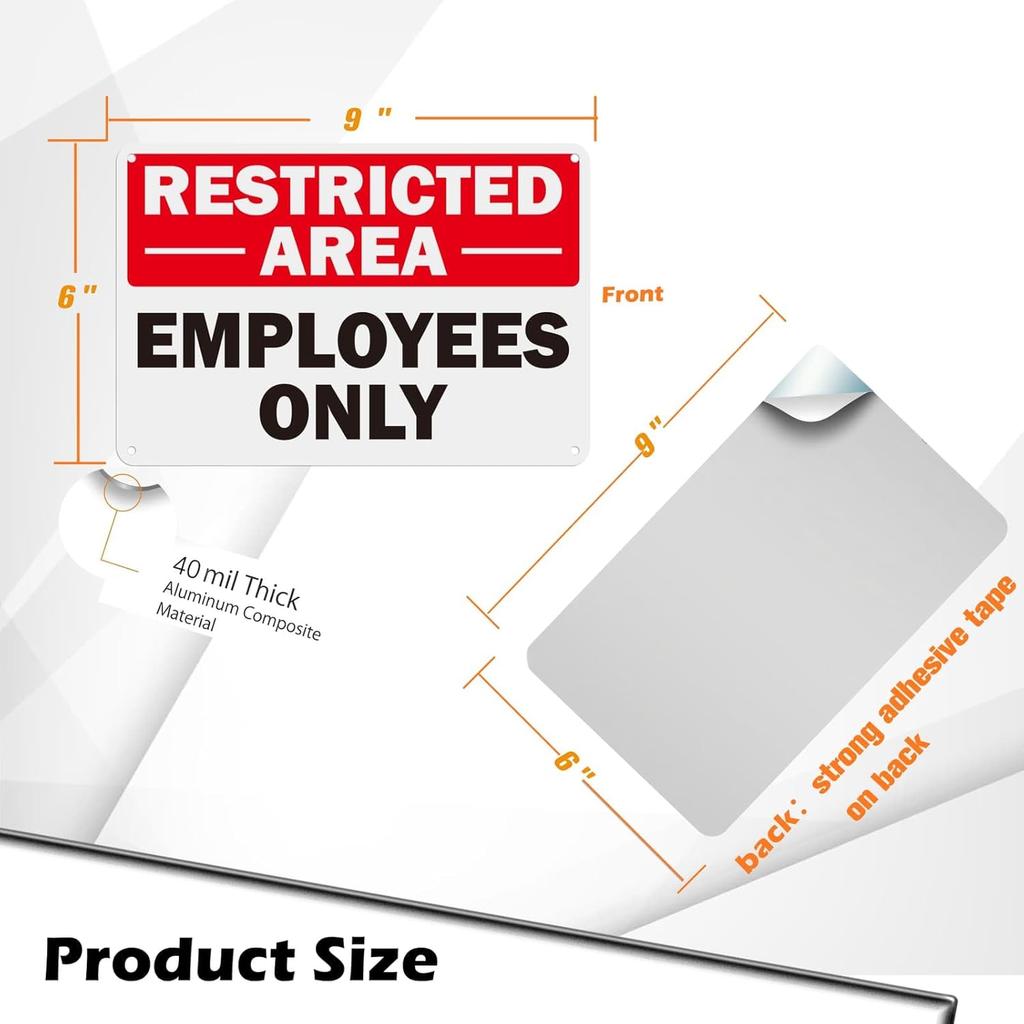 Restricted Area Employees Only Sign, 2 Pack 9”x6” No Enter Sign with Strong Adhesive Tape Rust Free Aluminum Fade Istant for Indoor or Outdoor