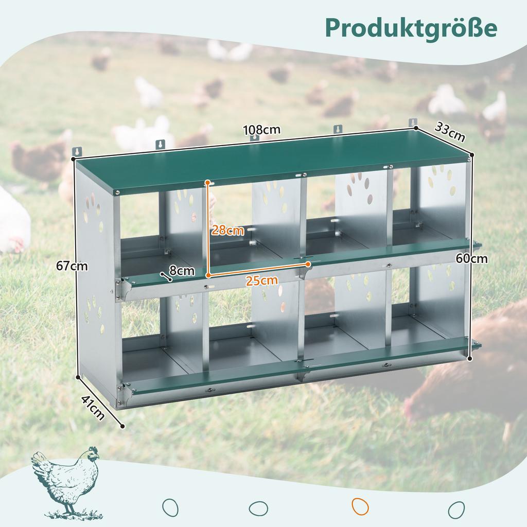 8-Compartment Chicken Nesting Boxes for Egg Laying, Metal Poultry Nesting Box for Wall Mounting, Coarsely Ventilated Chicken Coop Box