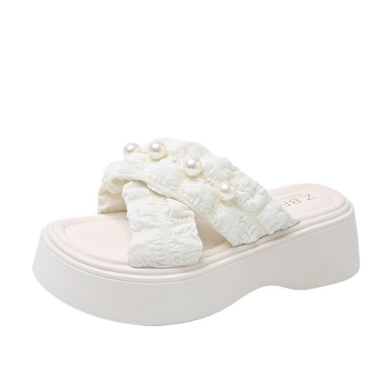 Women's heightening new one-word sandals thick-bottomed outer wear skirt French elegant outer wear pearl slippers 2025 summer