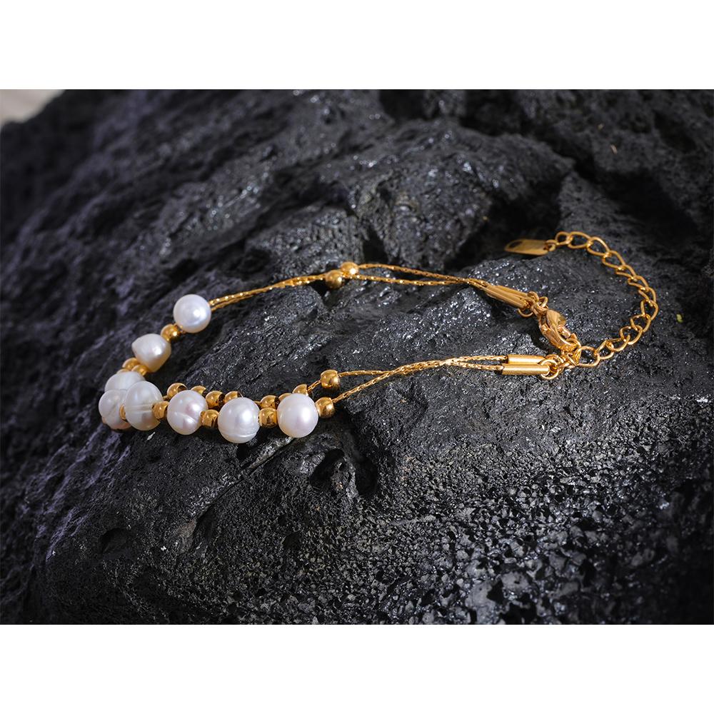 Yhpup Natural Freshwater Pearls Bead Chain Stainless Steel Waterproof Bracelet Bangle for Women Fashion Handmade Jewelry New