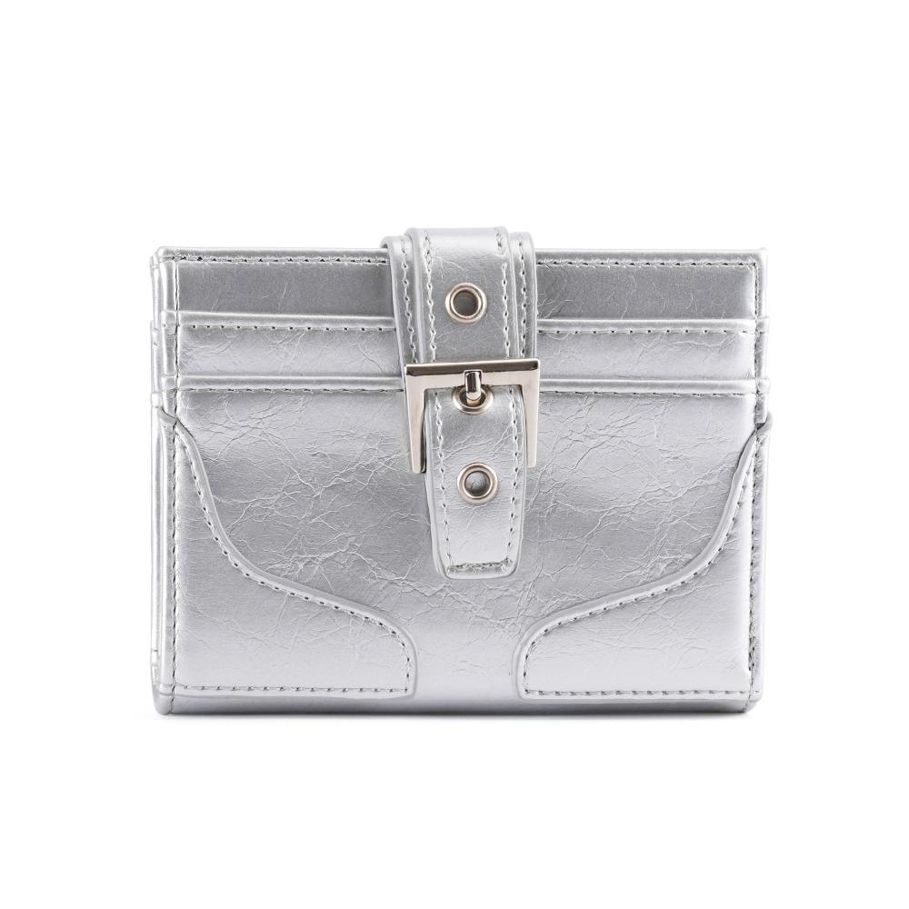 Women Silver Leather Card Holder Ultra-Thin Mini Buckle Coin Purse Portable Wallet Cute Bank Credit Id Bag Multi-Card Slot