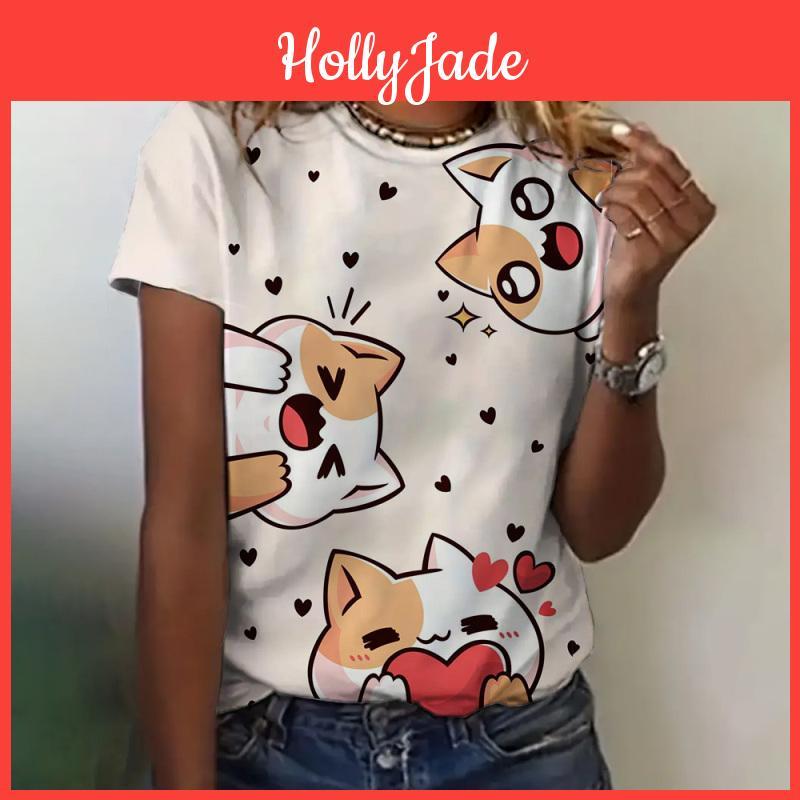 Cat Women Clothing Print Tshirt Summer Crew Neck Short Sleeve Loose Casual Top Cute Print Short Sleeve Womens Fashion Tshirt