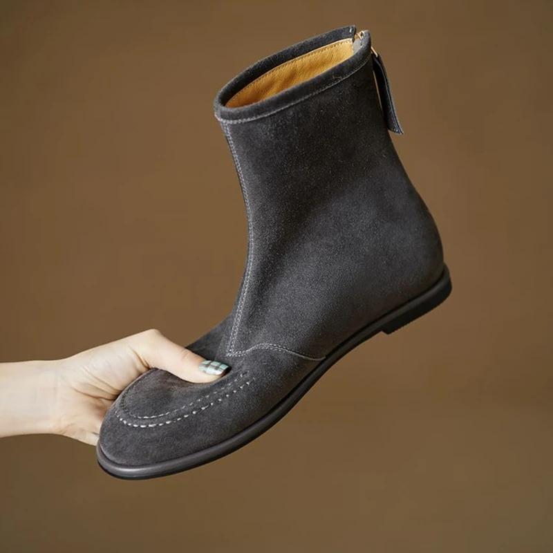 Fashion 2025 NEW Autumn Women Boots Sheep Suede Leather Women Shoes Round Toe Low Heel Shoes Slip-on Chelsea Boots Zipper Short Boots