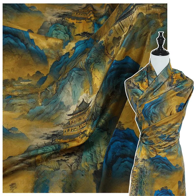 

Chinese Landscape Painting Fabric Silk Stretch Satin Cloth for DIY Sewing Cheongsam Hanfu Craft Dress Clothing Handmade Fabric 100x150cm
