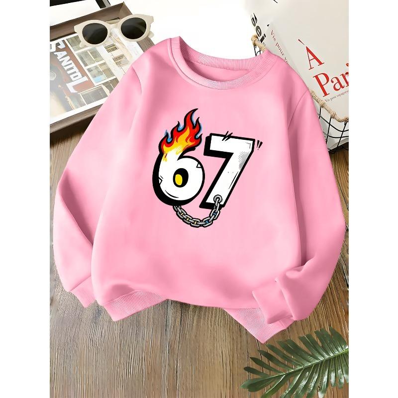 Kids Unisex Crewneck Sweatshirt, Cool Flame Chain Cartoon Number 67 Print Soft Fleece Long Sleeve Pullover For Boys Girls Over 4 Years Old