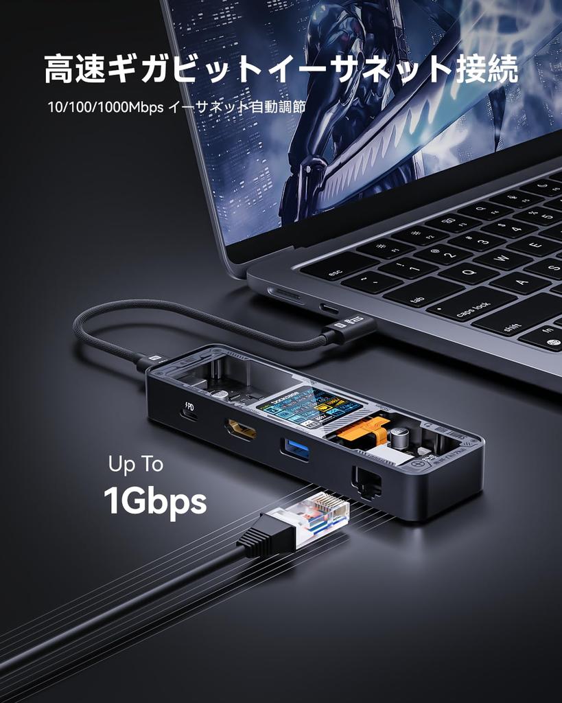 DOCKCASE Usb C Hub 1000Mbps LAN HDMI 5Gbps Data PD100W Fast Expanded Compatibility and Heat Dissipation Multimedia Hub 6-in-1 (clear Version) Port,