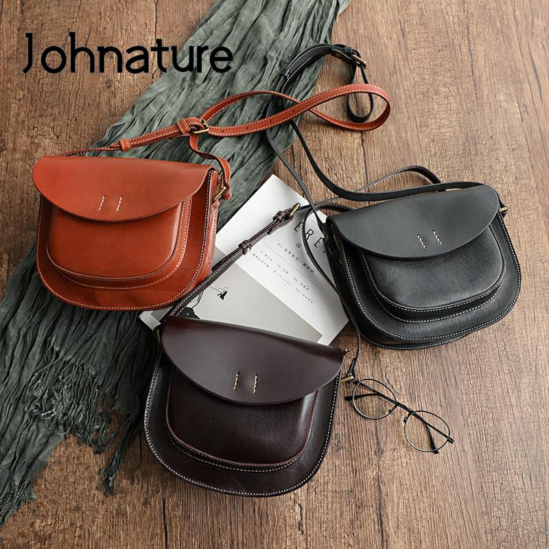 Johnature Simple Genuine Leather Women Bag Handmade Vintage Shoulder Bags Solid Color Natural Cowhide Messenger Bag