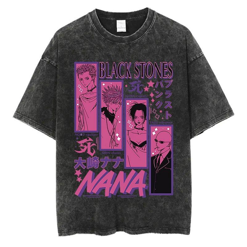 Japanese Anime Nana Osaki Print Vintage Washed Tshirt Harajuku Streetwear Graphic T-Shirt Summer Short SleeveTshirt