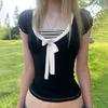 American College Style Color-Blocked Striped Bow Tie Patchwork Short-Sleeve T-Shirt, Sweet and Youthful Waist-Cinching Elegant Top